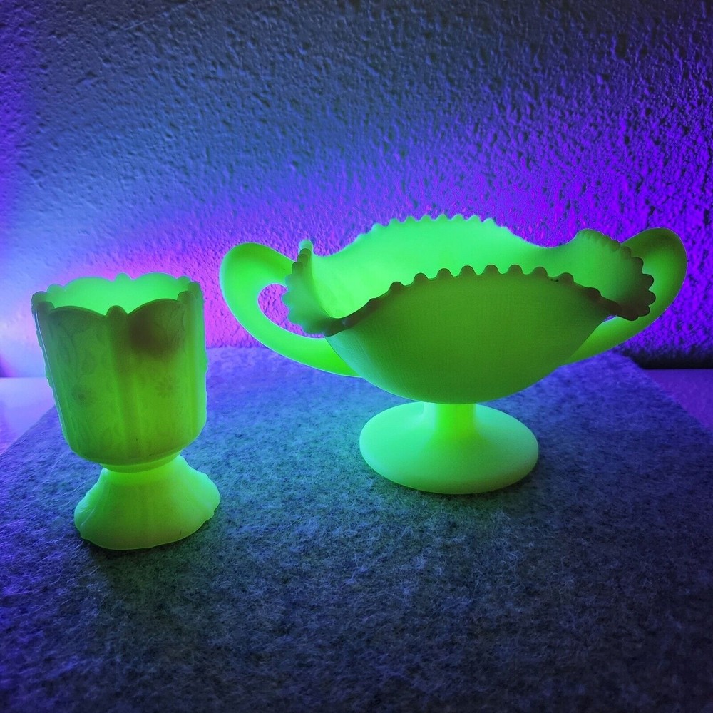 Vintage Fenton Custard Glass Uranium Green Candy Dish + Toothpick Candle Holder